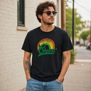 Lucky Brand Black Cheers Rainbow Graphic Tee Men’s Large Retro Novelty Shirt